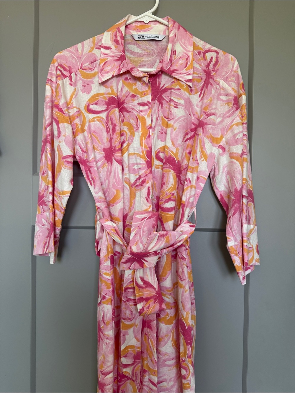 Zara Pink and Yellow Floral Quarter Kimono Sleeve Linen Shirt Dress